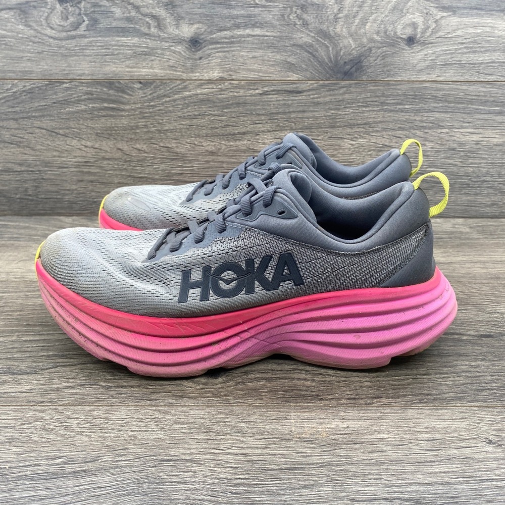 Hoka Bondi 8 Running Shoes Womens 9 Grey Pink Maximalist Cushioned Sneakers